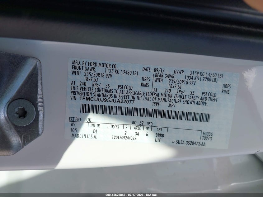 2018 Ford Escape VIN 1FMCU0J95JUA22077 IAAI salvage auction — NORMAL WEAR, Clear (Texas), sold $7,650 on 2026-08-20 (photo 9)