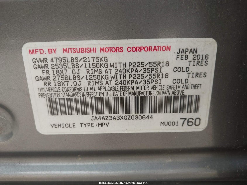 2016 Mitsubishi Outlander VIN JA4AZ3A3XGZ030644 IAAI salvage auction — NORMAL WEAR, Original (Maine), sold $1,150 on 2026-07-20 (photo 9)