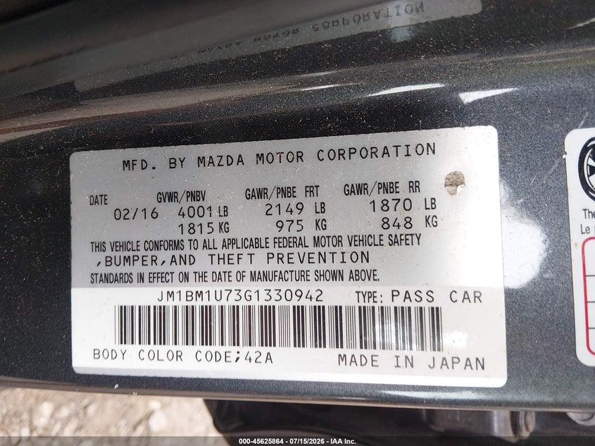 2016 Mazda 3 VIN JM1BM1U73G1330942 IAAI salvage auction — RIGHT FRONT, Clear (Virginia), sold $25 on 2026-07-31 (photo 9)