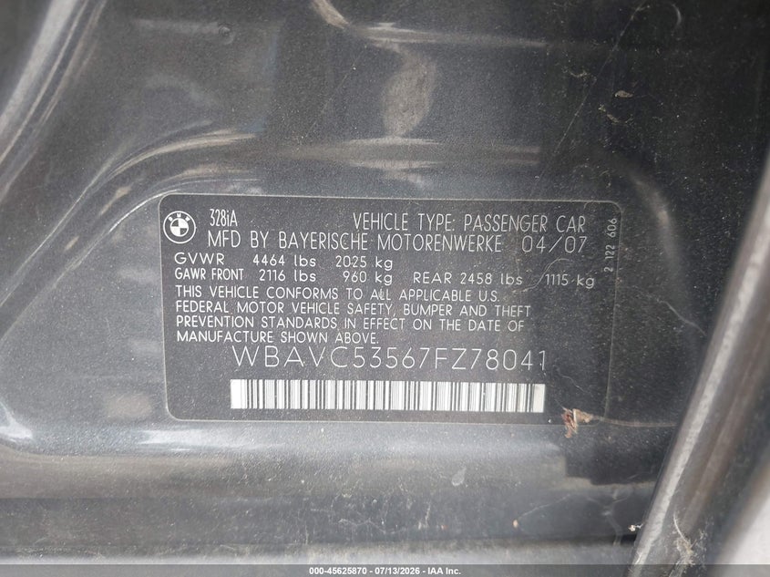 2007 BMW 3 series VIN WBAVC53567FZ78041 IAAI salvage auction — WATER/FLOOD, Salvage (California), sold $625 on 2026-07-31 (photo 9)