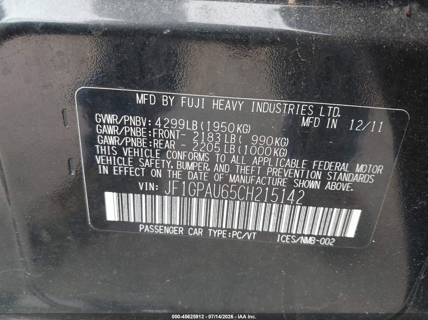 2012 Subaru Impreza VIN JF1GPAU65CH215142 IAAI salvage auction — NORMAL WEAR, Salvage Title, sold $1,225 on 2026-07-17 (photo 9)