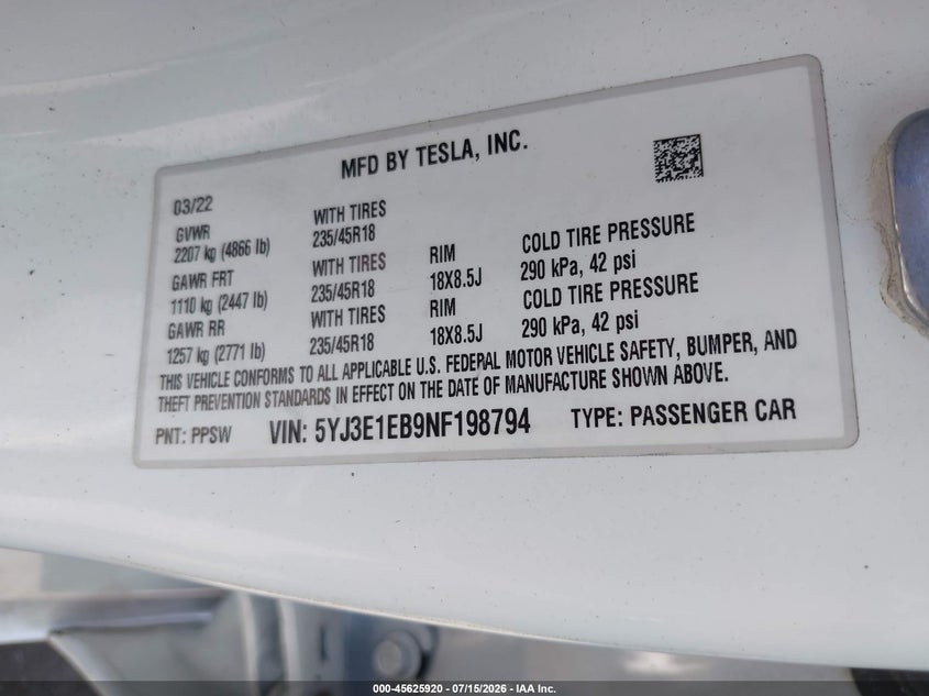 2022 Tesla Model 3 VIN 5YJ3E1EB9NF198794 IAAI salvage auction — EXTERIOR BURN, Salvage Title, sold $1,700 on 2026-08-23 (photo 8)