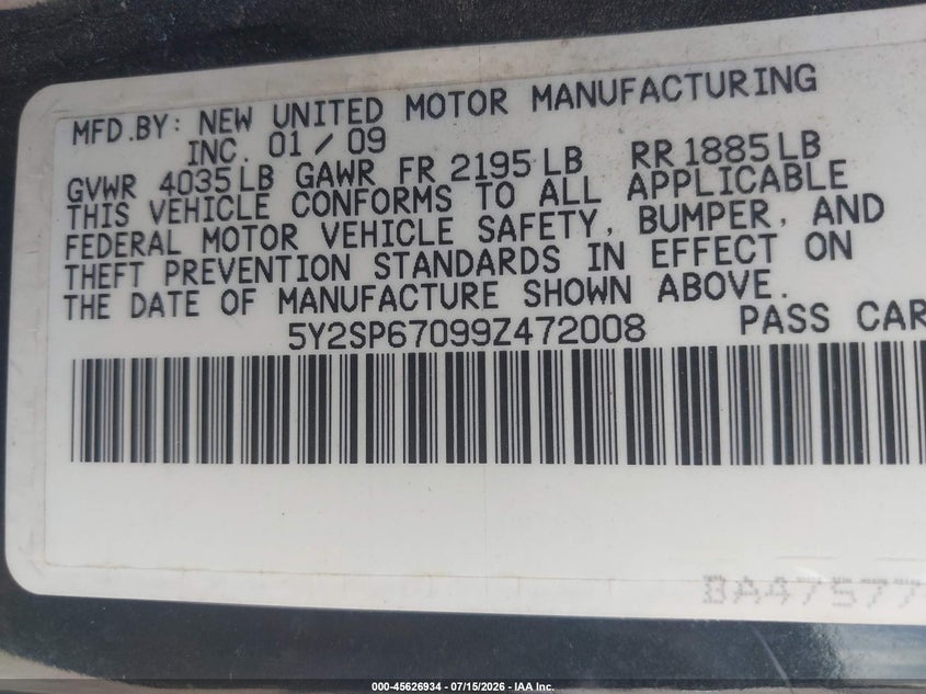 2009 Pontiac Vibe VIN 5Y2SP67099Z472008 IAAI salvage auction — NORMAL WEAR, Original (Texas), sold $475 on 2026-07-29 (photo 9)