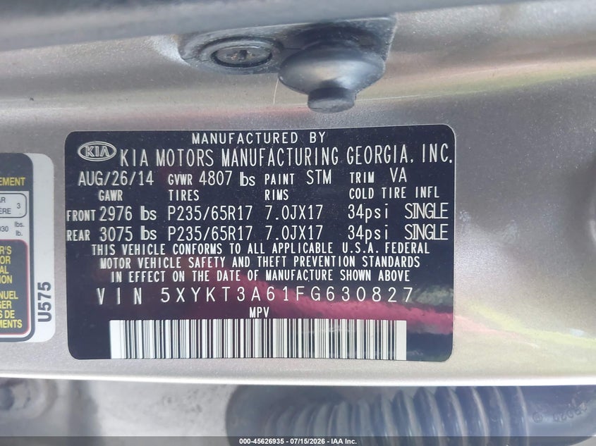 2015 Kia Sorento VIN 5XYKT3A61FG630827 IAAI salvage auction — NORMAL WEAR, Original (Texas), sold $1,050 on 2026-07-28 (photo 9)
