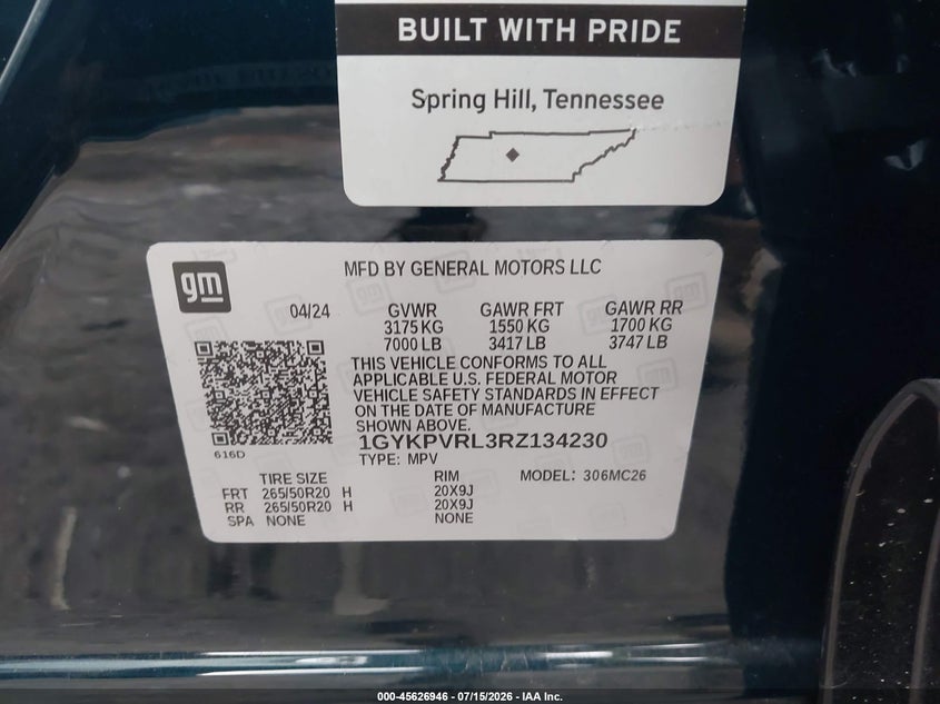 2024 Cadillac Lyriq VIN 1GYKPVRL3RZ134230 IAAI salvage auction — FRONT END, Salvage Title, sold $13,300 on 2026-08-20 (photo 9)