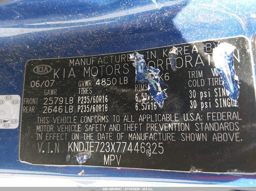 2007 Kia Sportage VIN KNDJE723X77446325 IAAI salvage auction — NORMAL WEAR, Clear (New Jersey), sold $475 on 2026-07-30 (photo 9)