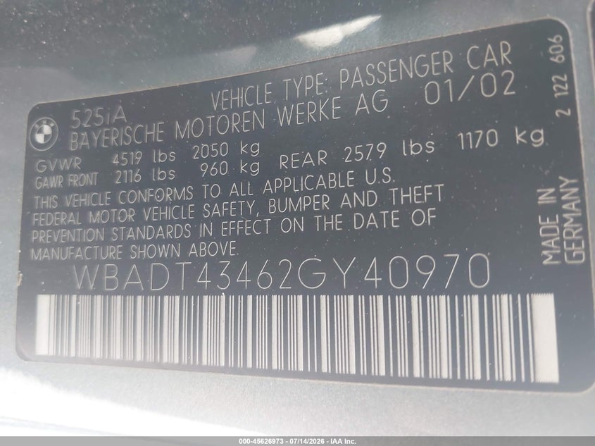 2002 BMW 5 series VIN WBADT43462GY40970 IAAI salvage auction — NORMAL WEAR, Clear (Utah), sold $450 on 2026-07-30 (photo 9)