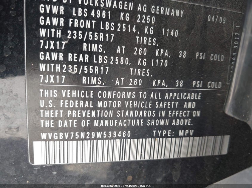 2009 Volkswagen Tiguan VIN WVGBV75N29W539460 IAAI salvage auction — NORMAL WEAR, Clear (California), sold $200 on 2026-08-06 (photo 9)