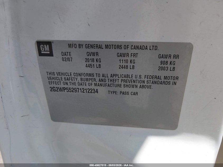 2007 Pontiac Grand prix VIN 2G2WP552971212234 IAAI salvage auction — RIGHT SIDE, Nrc Lienholder Repossession Paperwork (New Mexico), sold $575 on 2026-09-10 (photo 9)
