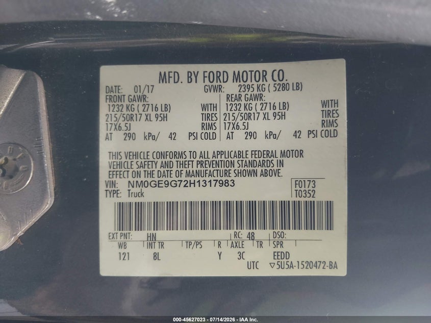 2017 Ford Transit VIN NM0GE9G72H1317983 IAAI salvage auction — ROOF, Salvage Title, sold $3,900 on 2026-07-31 (photo 9)