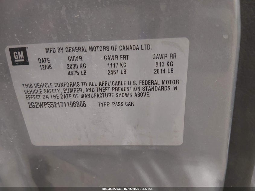2007 Pontiac Grand prix VIN 2G2WP552171196806 IAAI salvage auction — REAR END, Salvage (North Dakota), sold $200 on 2026-08-01 (photo 9)