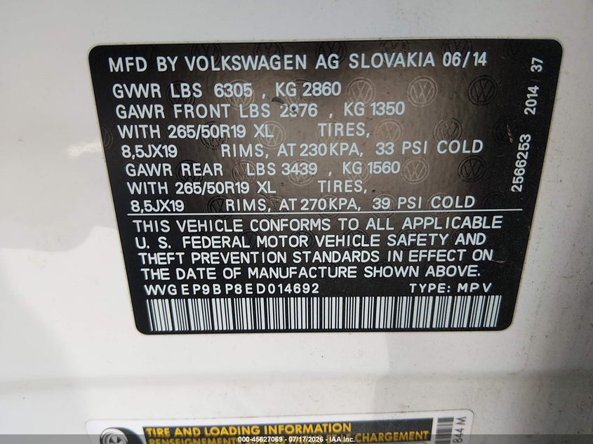 2014 Volkswagen Touareg VIN WVGEP9BP8ED014692 IAAI salvage auction — NORMAL WEAR, Peddle Clear Public-Restricted (Oregon), sold $525 on 2026-07-29 (photo 9)