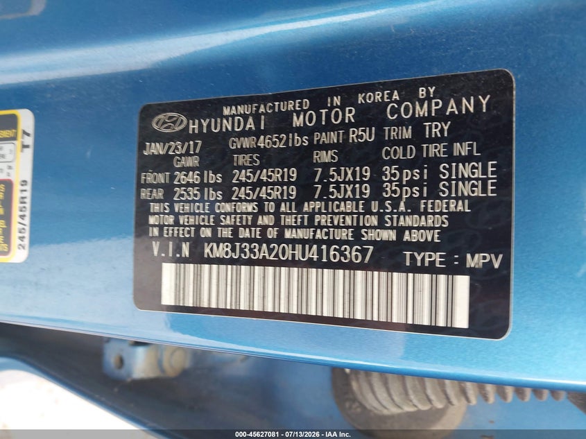 2017 Hyundai Tucson VIN KM8J33A20HU416367 IAAI salvage auction — NORMAL WEAR, Salvage Title, sold $2,250 on 2026-07-24 (photo 9)