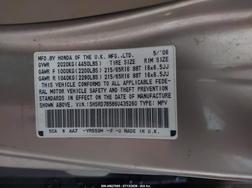 2006 Honda Cr-v VIN SHSRD78586U435260 IAAI salvage auction — NORMAL WEAR, Clear (Florida), sold $25 on 2026-07-22 (photo 9)