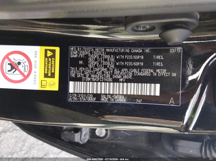 2015 Lexus Rx VIN 2T2BK1BA5FC314090 IAAI salvage auction — UNKNOWN, Salvage (Pennsylvania), sold $4,550 on 2026-07-22 (photo 9)