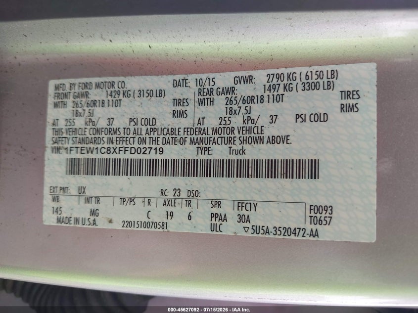 2015 Ford F-150 VIN 1FTEW1C8XFFD02719 IAAI salvage auction — NORMAL WEAR, Clear (Alabama), sold $2,550 on 2026-07-18 (photo 9)