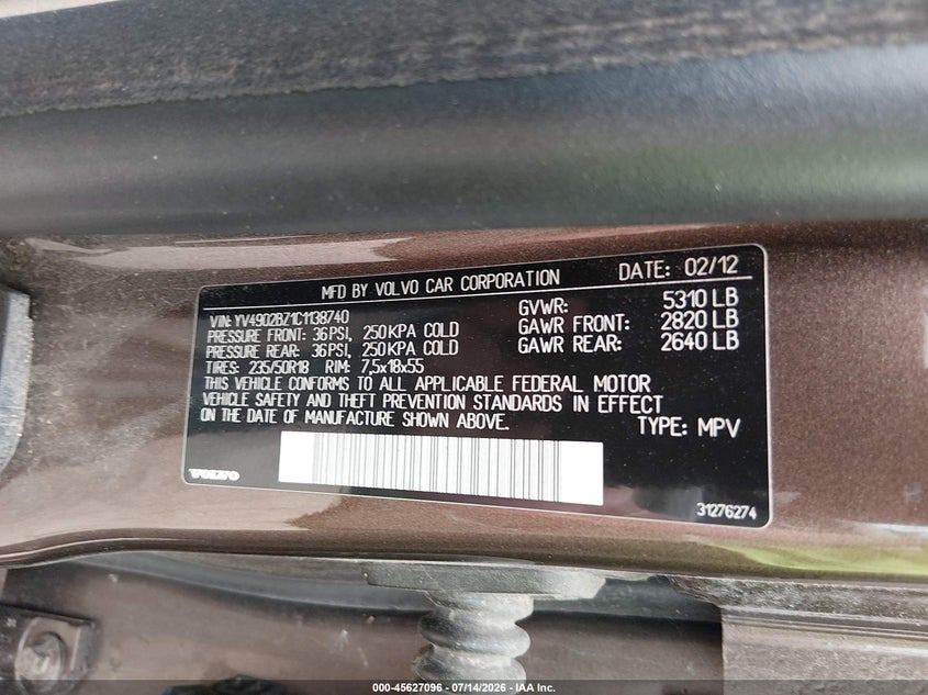 2012 Volvo Xc70 VIN YV4902BZ1C1138740 IAAI salvage auction — NORMAL WEAR, Salvage Title, sold $1,550 on 2026-07-22 (photo 9)