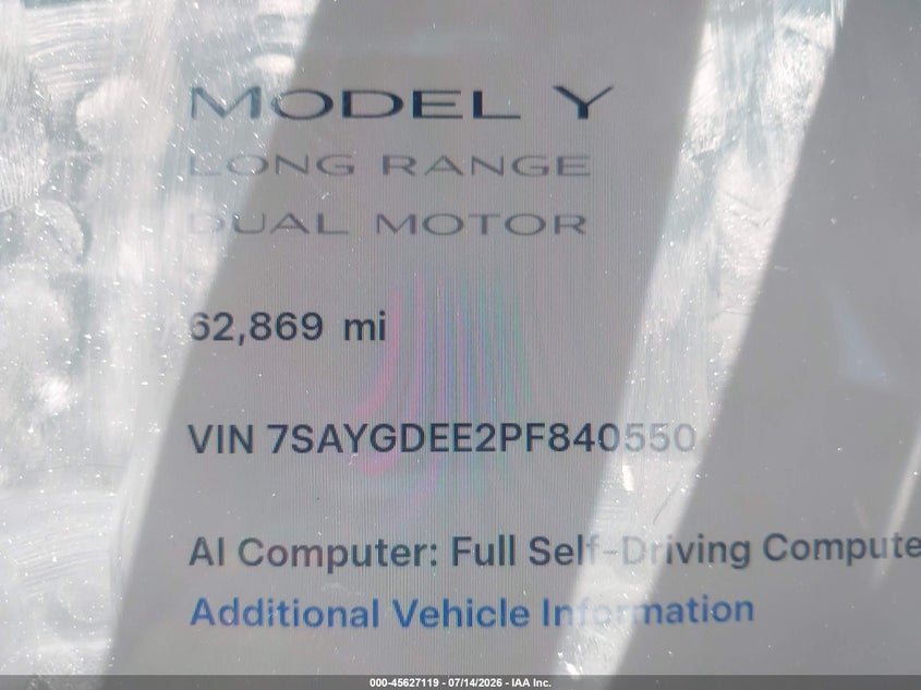 2023 Tesla Model y VIN 7SAYGDEE2PF840550 IAAI salvage auction — REAR END, Wait Title, sold $13,200 on 2026-08-31 (photo 7)