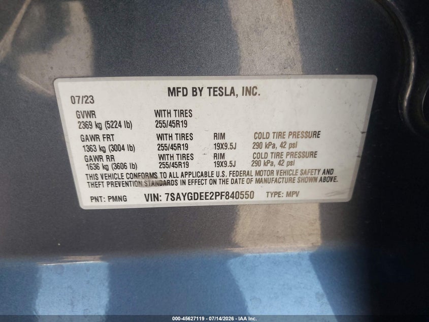 2023 Tesla Model y VIN 7SAYGDEE2PF840550 IAAI salvage auction — REAR END, Wait Title, sold $13,200 on 2026-08-31 (photo 9)