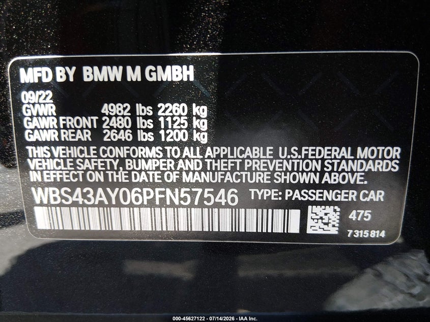 2023 BMW M3 VIN WBS43AY06PFN57546 IAAI salvage auction — FRONT END, Salvage (Arizona), sold $28,750 on 2026-07-29 (photo 9)