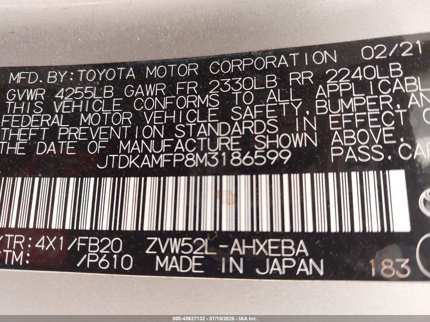 2021 Toyota Prius VIN JTDKAMFP8M3186599 IAAI salvage auction — FRONT END, Salvage Title, sold $5,900 on 2026-07-21 (photo 9)