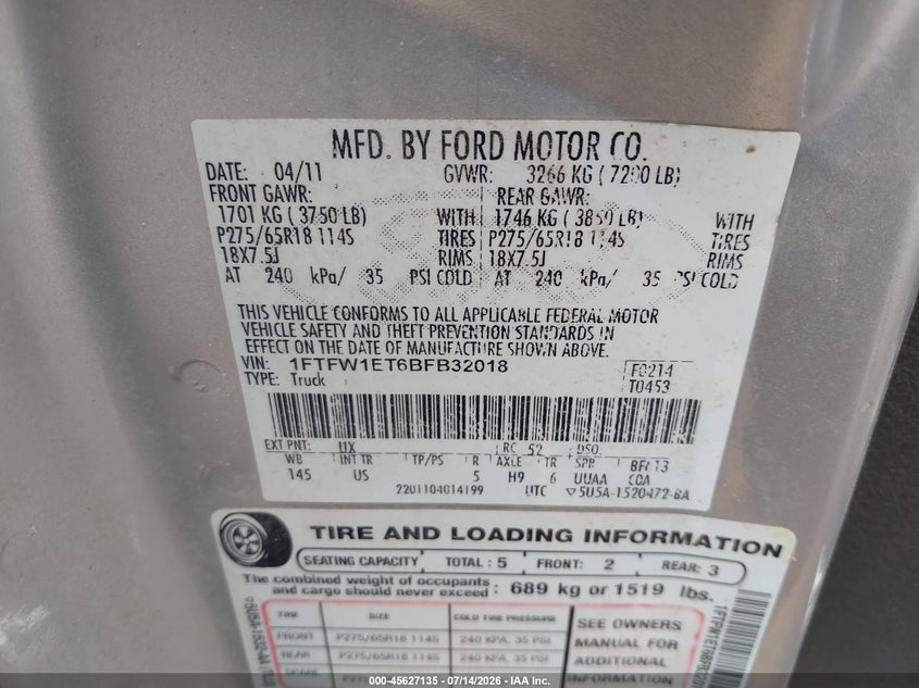 2011 Ford F-150 VIN 1FTFW1ET6BFB32018 IAAI salvage auction — ROLLOVER, Salvage (Texas), sold $2,800 on 2026-07-26 (photo 9)