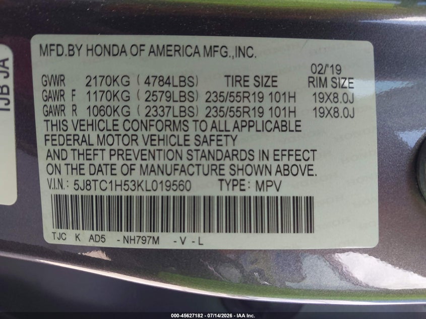 2019 Acura Rdx VIN 5J8TC1H53KL019560 IAAI salvage auction — FRONT END, Original (Texas), sold $7,350 on 2026-10-06 (photo 9)