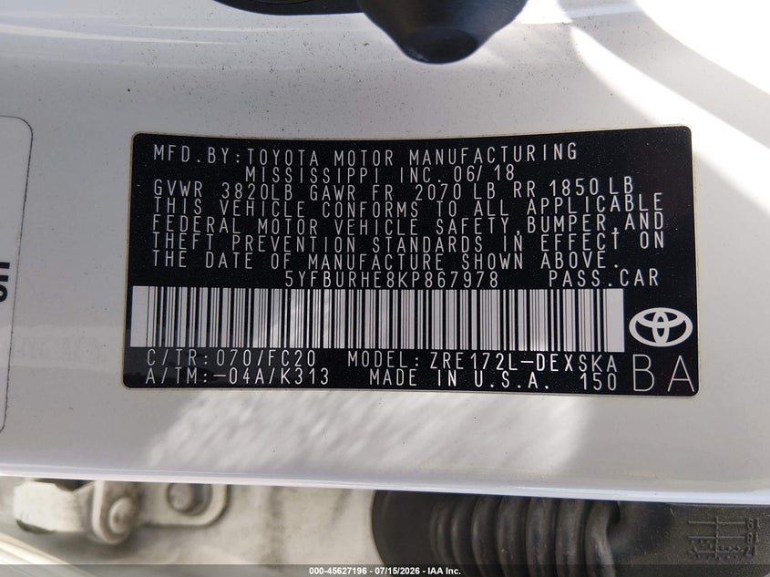 2019 Toyota Corolla VIN 5YFBURHE8KP867978 IAAI salvage auction — FRONT END, Salvage (California), sold $4,950 on 2026-07-22 (photo 9)