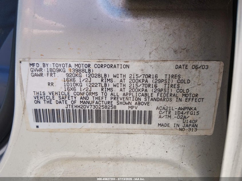 2003 Toyota Rav4 VIN JTEHH20V730258258 IAAI salvage auction — NORMAL WEAR, Peddle Clear Public-Restricted (Oregon), sold $525 on 2026-07-27 (photo 9)