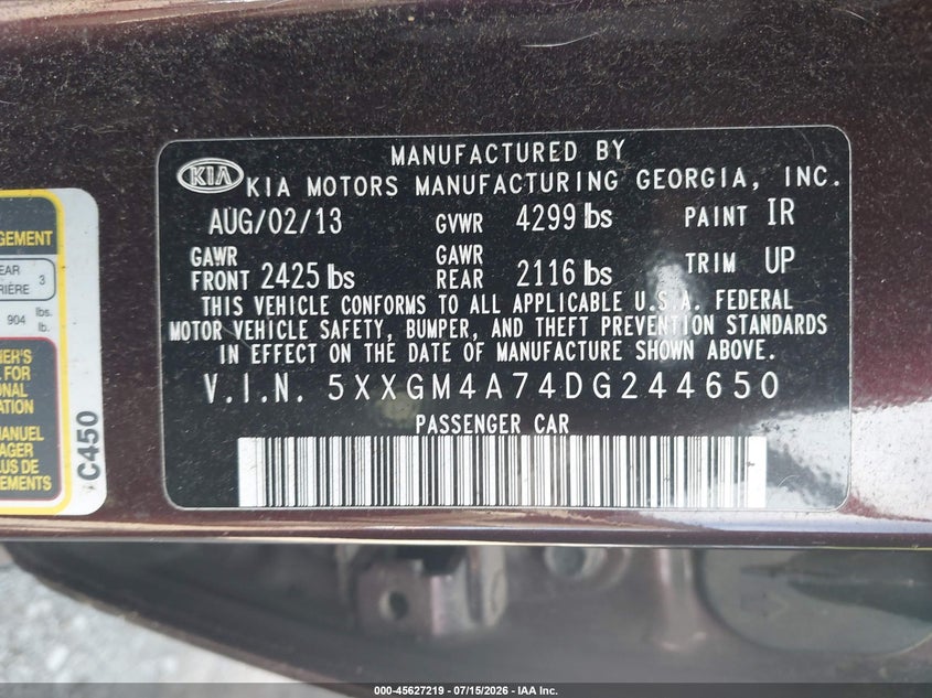 2013 Kia Optima VIN 5XXGM4A74DG244650 IAAI salvage auction — SIDE, Salvage Title, sold $25 on 2026-07-29 (photo 9)