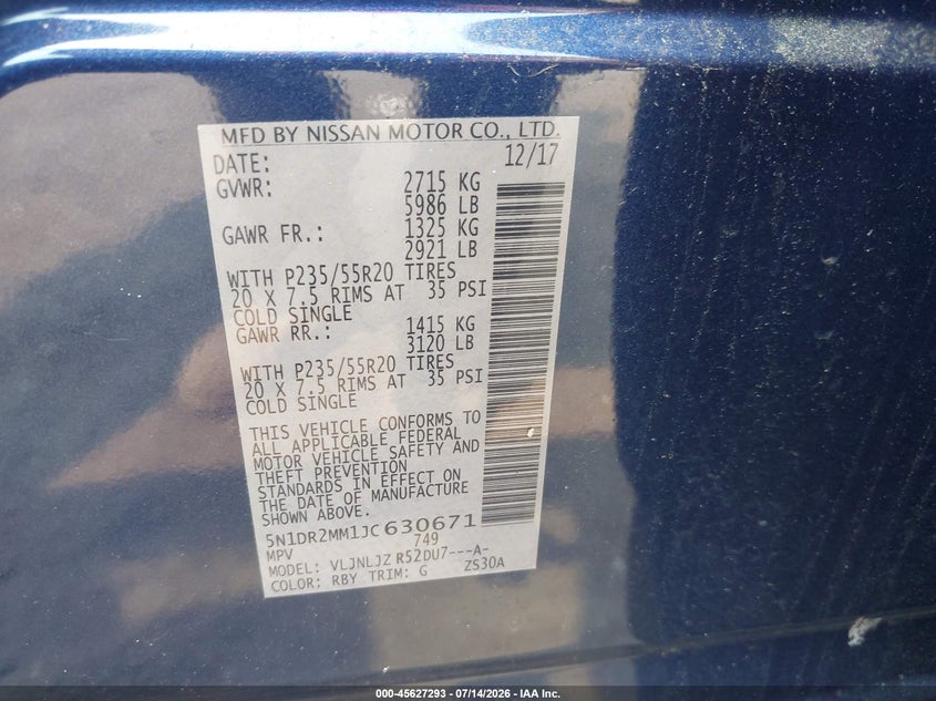 2018 Nissan Pathfinder VIN 5N1DR2MM1JC630671 IAAI salvage auction — SIDE, Salvage Title, sold $2,050 on 2026-07-24 (photo 9)