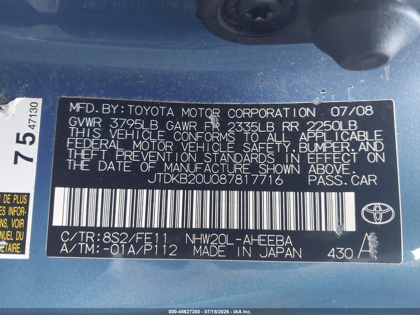 2008 Toyota Prius VIN JTDKB20U087817716 IAAI salvage auction — NORMAL WEAR, Clear (Pennsylvania), sold $1,200 on 2026-07-29 (photo 9)