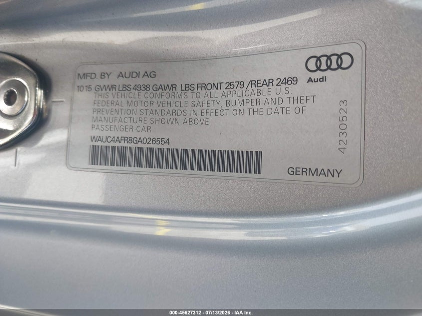 2016 Audi S5 VIN WAUC4AFR8GA026554 IAAI salvage auction — ENGINE DAMAGE, Salvage (Florida), sold $1,350 on 2026-07-16 (photo 9)