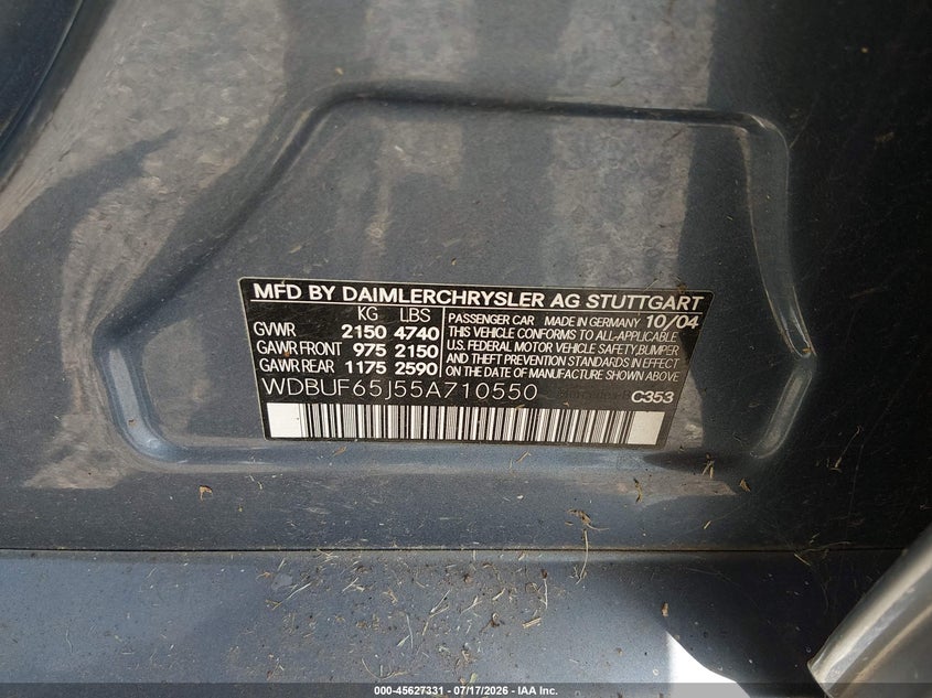 2005 Mercedes-benz E-klasse VIN WDBUF65J55A710550 IAAI salvage auction — RIGHT FRONT, Salvage (Louisiana), sold $1,000 on 2026-08-26 (photo 9)