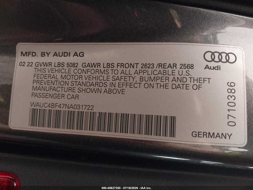 2022 Audi S4 VIN WAUC4BF47NA031722 IAAI salvage auction — FRONT END, Mv-907A (New York), sold $2,850 on 2026-07-31 (photo 9)