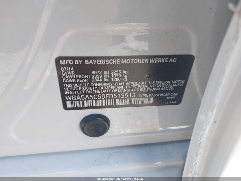 2015 BMW 5er VIN WBA5A5C59FD513513 IAAI salvage auction — FRONT END, Salvage (Georgia), sold $2,150 on 2026-08-19 (photo 9)