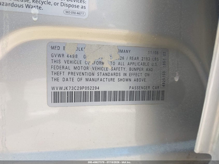 2009 Volkswagen Passat VIN WVWJK73C29P052294 IAAI salvage auction — Burn Interior, Salvage (North Carolina), sold $450 on 2026-08-13 (photo 9)