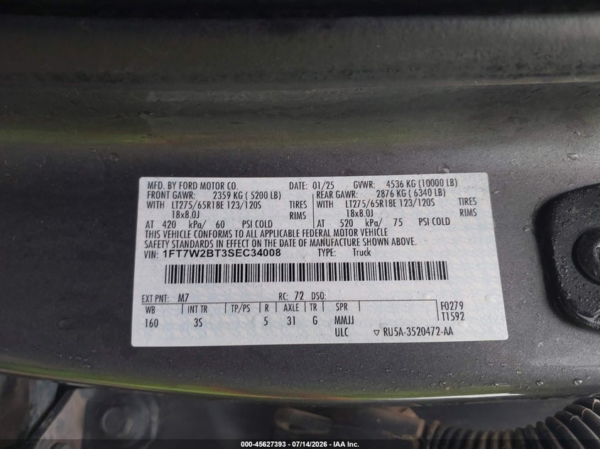 2025 Ford F250 VIN 1FT7W2BT3SEC34008 IAAI salvage auction — FRONT & REAR, Salvage Title, sold $35,500 on 2026-07-30 (photo 9)