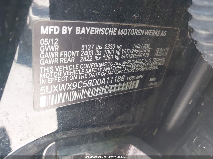 2013 BMW X3 VIN 5UXWX9C58D0A11188 IAAI salvage auction — NORMAL WEAR, Clear - Dealer Only (California), sold $500 on 2026-07-29 (photo 9)