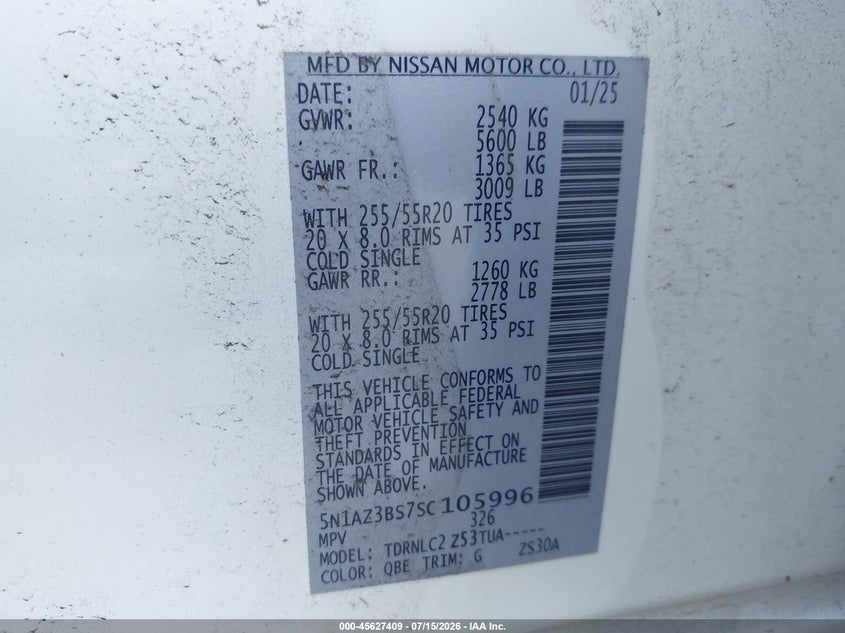 2025 Nissan Murano VIN 5N1AZ3BS7SC105996 IAAI salvage auction — REAR END, Salvage Title, sold $50 on 2026-10-02 (photo 9)