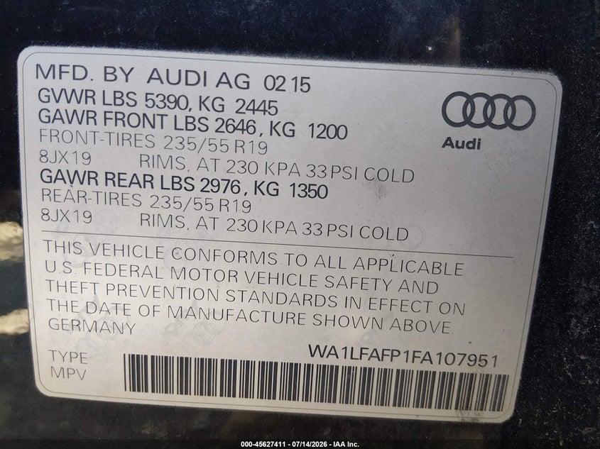2015 Audi Q5 VIN WA1LFAFP1FA107951 IAAI salvage auction — NORMAL WEAR, Clear (Virginia), sold $25 on 2026-07-21 (photo 9)