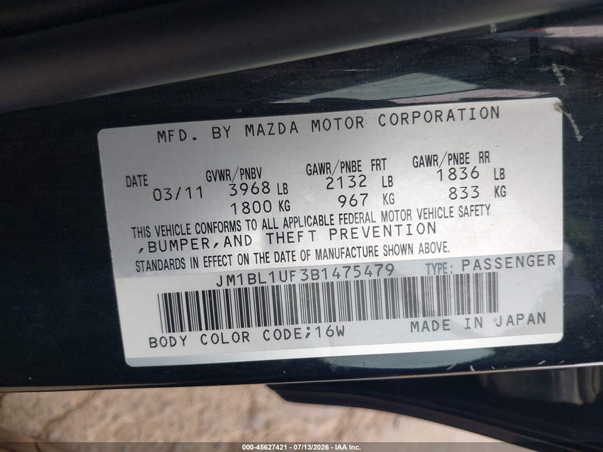 2011 Mazda 3 VIN JM1BL1UF3B1475479 IAAI salvage auction — NORMAL WEAR, Clear - Dealer Only (California), sold $875 on 2026-07-22 (photo 9)