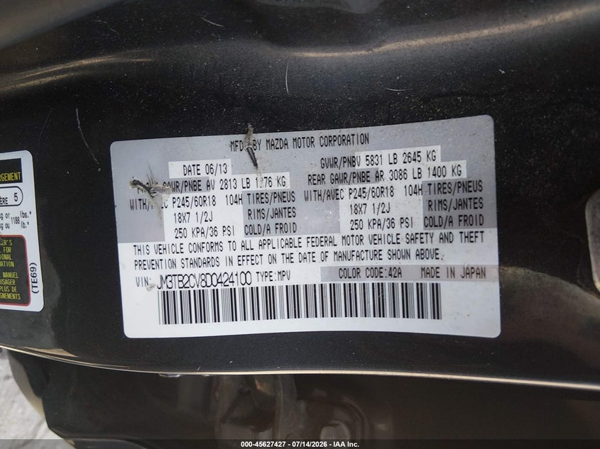 2013 Mazda Cx-9 VIN JM3TB2CV8D0424100 IAAI salvage auction — NORMAL WEAR, Clear (Rhode Island), sold $400 on 2026-07-28 (photo 9)