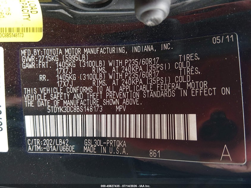2011 Toyota Sienna VIN 5TDYK3DC8BS148173 IAAI salvage auction — NORMAL WEAR, Clear (Alabama), sold $2,100 on 2026-07-30 (photo 9)