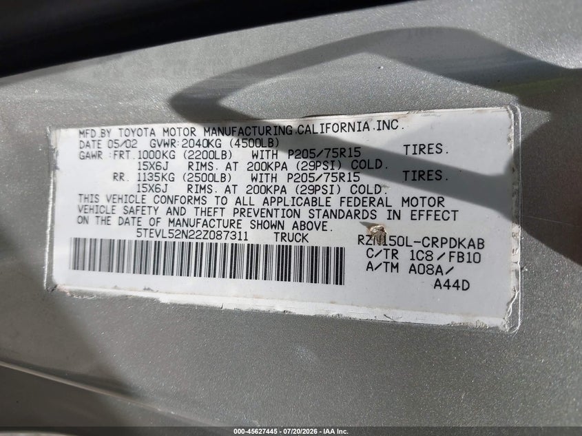 2002 Toyota Tacoma VIN 5TEVL52N22Z087311 IAAI salvage auction — REAR END, Salvage (Idaho), sold $1,100 on 2026-08-01 (photo 9)