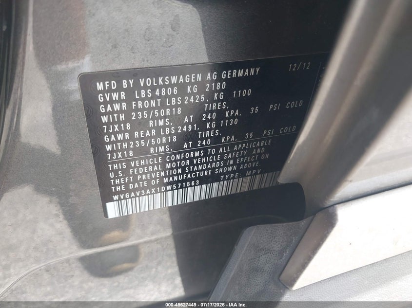 2013 Volkswagen Tiguan VIN WVGAV3AX1DW571563 IAAI salvage auction — RIGHT SIDE, Rebuildable (Florida), sold $900 on 2026-08-11 (photo 9)