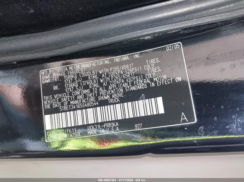 2005 Toyota Tundra VIN 5TBET34165S480544 IAAI salvage auction — NORMAL WEAR, Clear (Minnesota), sold $1,000 on 2026-07-29 (photo 9)