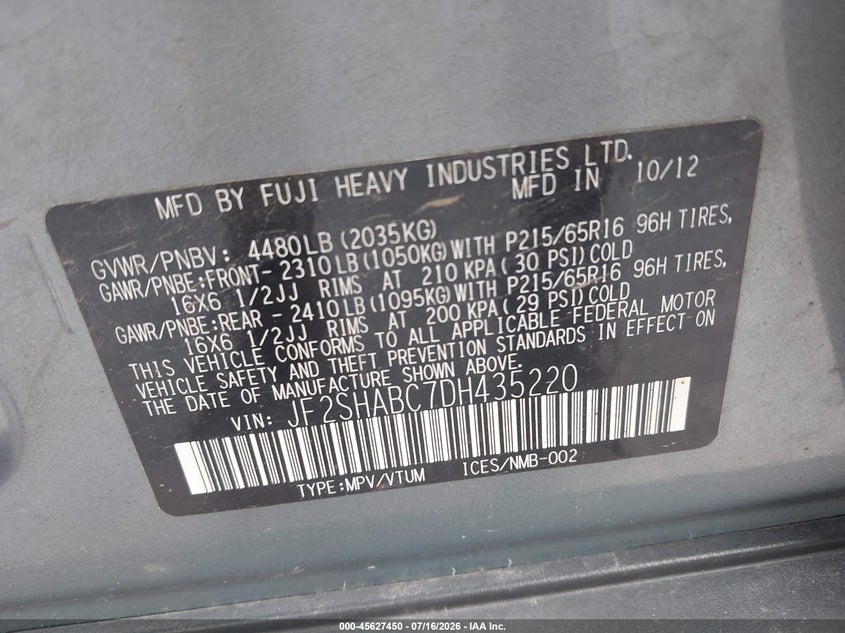 2013 Subaru Forester VIN JF2SHABC7DH435220 IAAI salvage auction — FRONT END, Salvage Title, sold $25 on 2026-07-30 (photo 9)