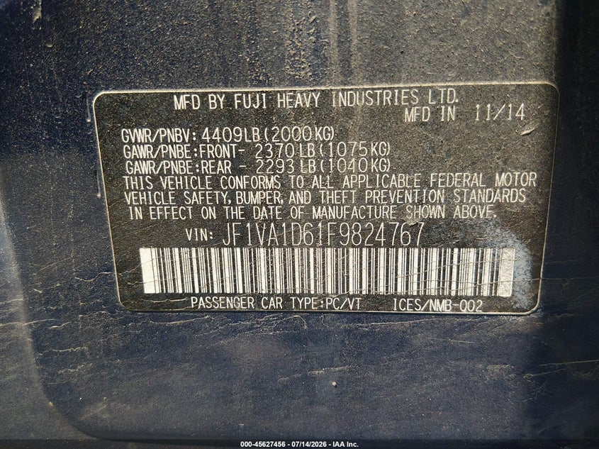 2015 Subaru Wrx VIN JF1VA1D61F9824767 IAAI salvage auction — NORMAL WEAR, Clear (Pennsylvania), sold $1,525 on 2026-07-30 (photo 9)
