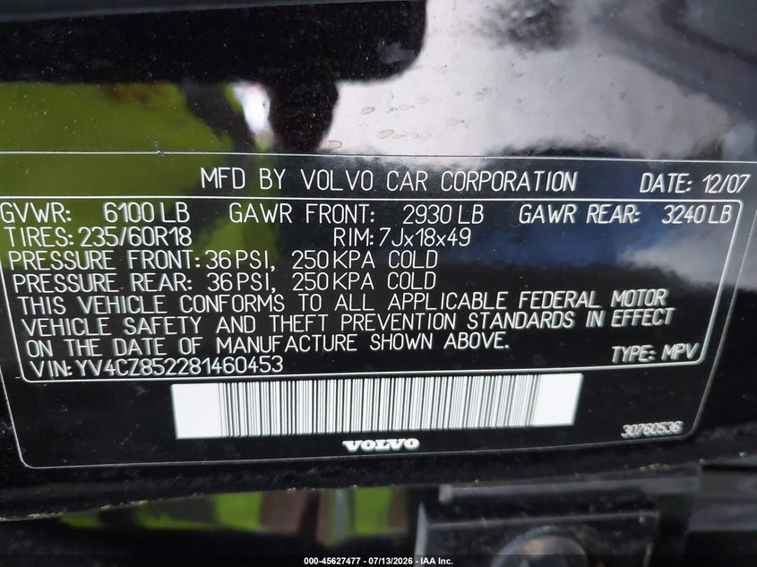 2008 Volvo Xc90 VIN YV4CZ852281460453 IAAI salvage auction — NORMAL WEAR, Original (Maine), sold $275 on 2026-07-27 (photo 9)